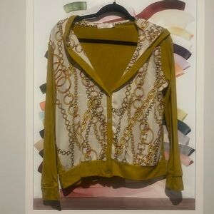 Chain Link Print Cardigan with Hood. Chartreuse Button Down Sweater Jacket